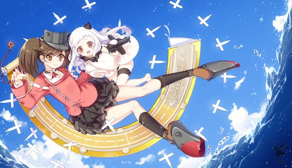 Anime picture 1500x866 with kantai collection northern ocean hime ryuujou light aircraft carrier philomelalilium long hair blush open mouth smile brown hair wide image twintails multiple girls brown eyes sky cloud (clouds) white hair shinkaisei-kan girl skirt 2 girls