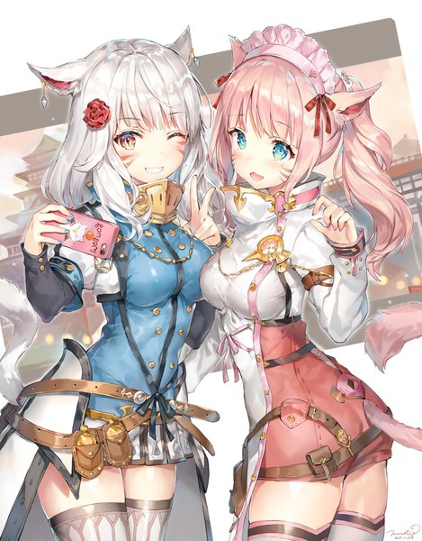 Anime picture 1000x1278 with final fantasy final fantasy xiv square enix miqo'te momoko (momopoco) long hair tall image looking at viewer blush breasts blue eyes smile standing multiple girls holding brown eyes signed animal ears pink hair silver hair