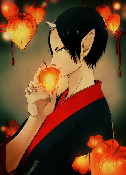 Anime picture 1397x1944 with hoozuki no reitetsu wit studio hoozuki (hoozuki no reitetsu) hkm (hsk10) single tall image short hair blue eyes black hair holding traditional clothes japanese clothes profile pointy ears light demon boy yukata physalis