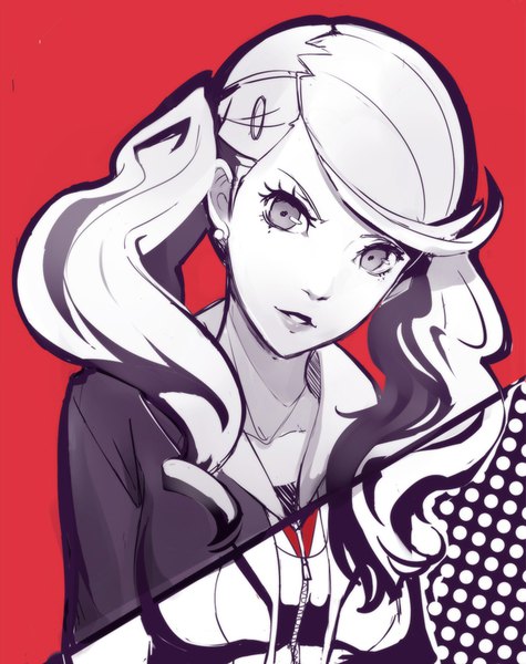 Anime picture 669x845 with persona 5 persona takamaki anne sho-n-d single long hair tall image looking at viewer smile twintails upper body head tilt wavy hair red background polychromatic girl jacket hairclip