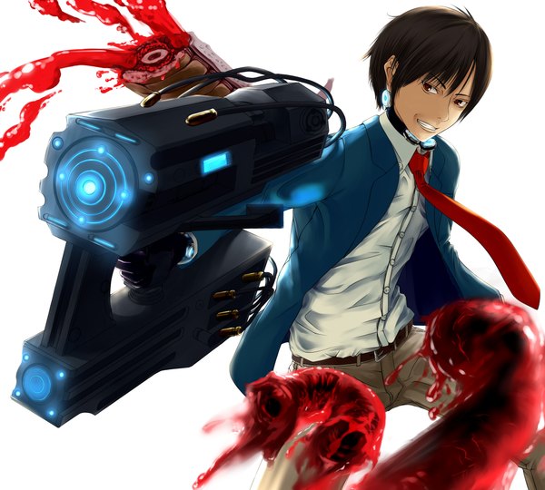 Anime picture 2274x2048 with gantz gonzo nishi joichiro single highres short hair black hair simple background white background brown eyes grin guro boy weapon shirt necktie gun blood pants bodysuit