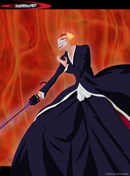 Anime picture 2220x3000 with bleach studio pierrot kurosaki ichigo icewolf87 single tall image highres short hair japanese clothes profile orange hair coloring boy weapon sword belt kimono katana chain mask