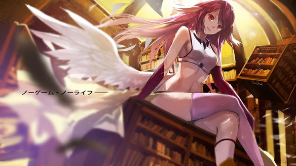 Anime picture 1133x637 with no game no life madhouse jibril (no game no life) swd3e2 single long hair looking at viewer smile red eyes wide image sitting bare shoulders pink hair wind bare belly crossed legs white wings low wings girl thighhighs