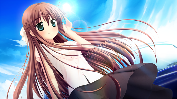 Anime picture 1280x720 with aqua (game) akizuki tsukasa single long hair brown hair wide image green eyes game cg wind sunlight girl skirt