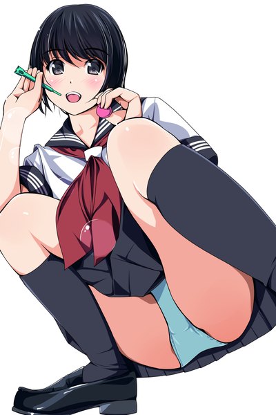 Anime picture 800x1200 with original matsunaga kouyou single tall image blush short hair open mouth light erotic black hair black eyes girl skirt uniform underwear panties miniskirt socks serafuku black socks