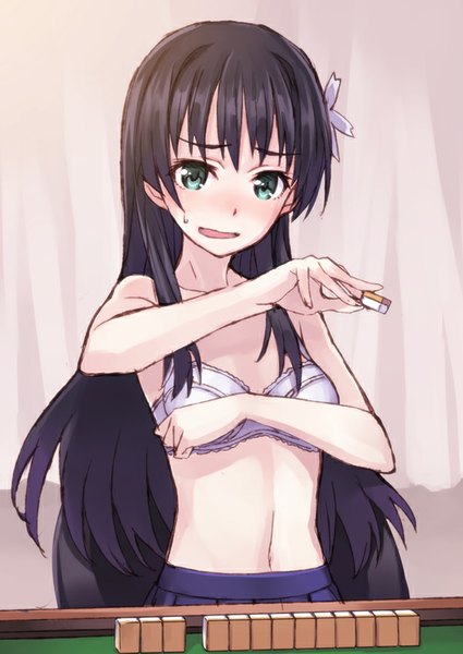 Anime picture 600x847 with to aru kagaku no railgun j.c. staff saten ruiko matsuryuu single long hair tall image looking at viewer light erotic black hair bare shoulders green eyes sweat embarrassed sweatdrop game mahjong girl skirt hair ornament