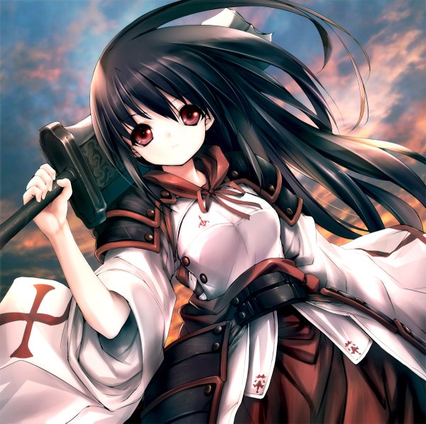 Anime picture 1200x1195 with original hitomaru single long hair looking at viewer black hair red eyes inscription girl weapon sword belt armor