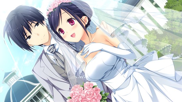 Anime picture 2560x1440 with kanojo to ore to koibito to mihagino ayano marui (koedame) blush highres short hair open mouth black hair red eyes wide image game cg black eyes couple alternate hairstyle hair up girl dress boy gloves flower (flowers)