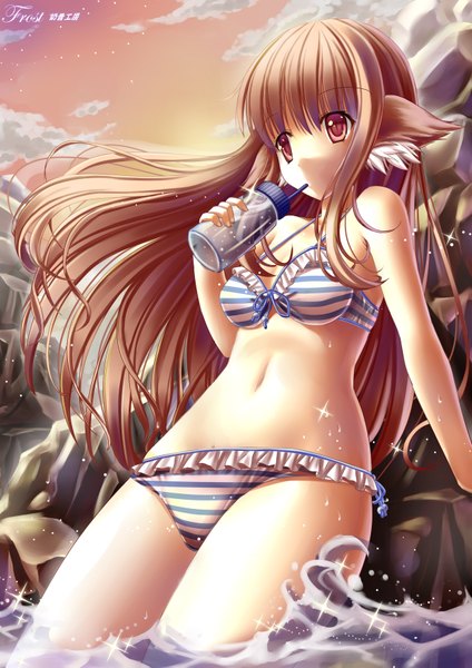 Anime picture 2480x3507 with original shimokirin single long hair tall image highres red eyes brown hair animal ears drinking girl navel swimsuit bikini water splashes striped bikini