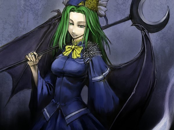 Anime picture 1024x768 with touhou mima green eyes green hair bat wings smirk girl hat wings cervus