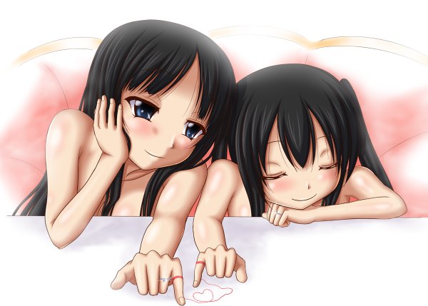 Anime picture 1200x858 with k-on! kyoto animation akiyama mio nakano azusa long hair blush blue eyes light erotic black hair smile twintails bare shoulders multiple girls eyes closed girl 2 girls ring thread red thread