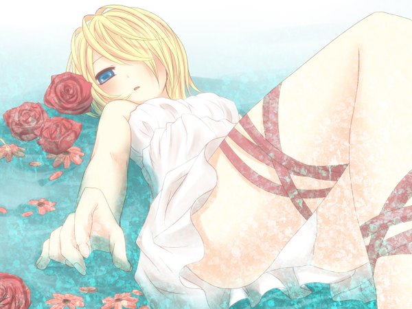 Anime picture 1400x1050 with vocaloid kagamine rin yayoi (egoistic realism) fringe blue eyes light erotic blonde hair lying hair over one eye girl flower (flowers) ribbon (ribbons) rose (roses) red rose