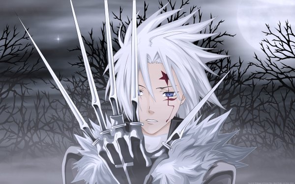 Anime picture 2560x1600 with d.gray-man allen walker highres short hair blue eyes wide image silver hair white hair facial mark scar fog weapon plant (plants) tree (trees) star (symbol) cross full moon single glove