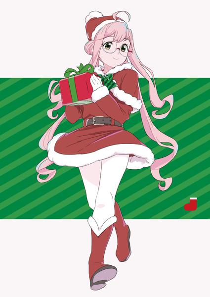 Anime picture 709x1001 with kantai collection makigumo destroyer ojipon single tall image looking at viewer fringe simple background smile standing white background holding green eyes pink hair full body ahoge very long hair hair bun (hair buns) fur trim christmas