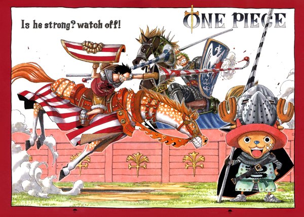 Anime picture 4660x3322 with one piece toei animation monkey d. luffy roronoa zoro tony tony chopper oda eiichirou looking at viewer highres short hair black hair absurdres outdoors horn (horns) green hair official art multiple boys copyright name text border english