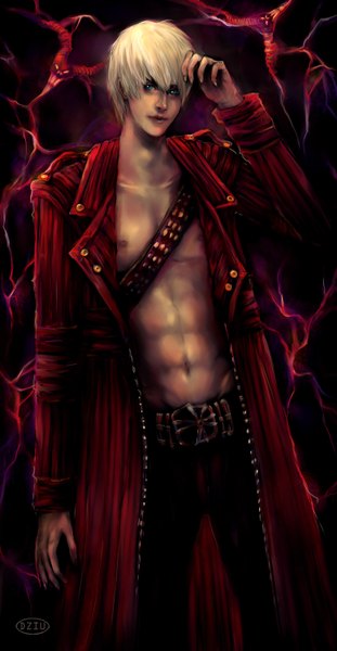 Anime picture 1555x2998 with devil may cry dante (devil may cry) dziu09 single tall image looking at viewer short hair blue eyes white hair lips hand on head abs boy navel belt cloak