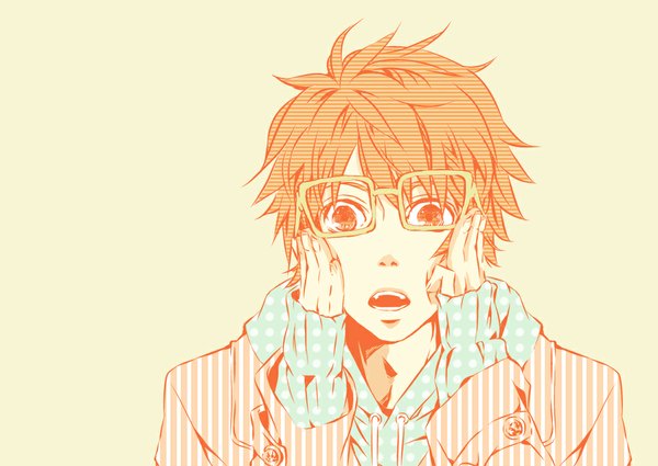 Anime picture 1012x717 with uta no prince-sama a-1 pictures ittoki otoya single looking at viewer short hair open mouth simple background brown eyes orange hair striped polka dot yellow background adjusting glasses hand on cheek hands on face boy glasses