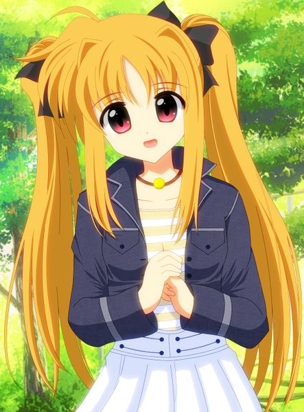Anime picture 1024x1386 with mahou shoujo lyrical nanoha fate testarossa t28 (artist) single tall image open mouth blonde hair red eyes twintails very long hair girl bow plant (plants) hair bow tree (trees) jacket