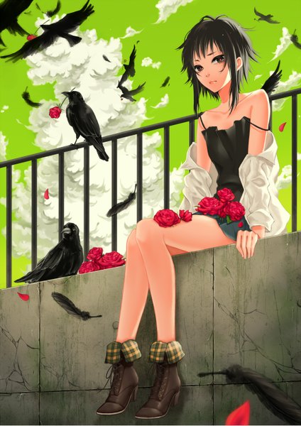 Anime picture 1044x1478 with original ohagi (ymnky) tall image looking at viewer short hair black hair sitting bare shoulders sky cloud (clouds) black eyes open clothes open shirt legs strap slip crack girl dress flower (flowers) animal
