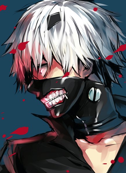 Anime picture 790x1090 with tokyo ghoul studio pierrot kaneki ken shiromi (ringo) single tall image fringe simple background red eyes looking away profile teeth saliva spiked hair crazy boy mask zipper