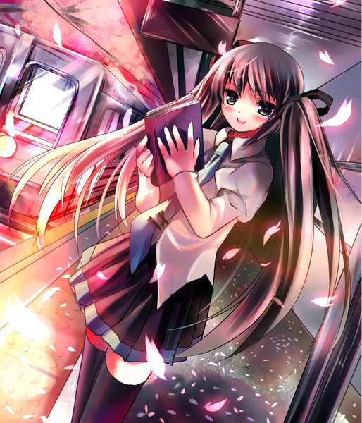 Anime picture 2598x3035 with vocaloid hatsune miku azumi kazuki single long hair tall image blush highres brown hair twintails green eyes girl petals necktie book (books) train