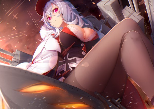 Anime picture 4093x2894 with azur lane graf zeppelin (azur lane) if (asita) single long hair looking at viewer blush fringe highres breasts light erotic hair between eyes large breasts sitting absurdres cleavage silver hair pink eyes open clothes from below