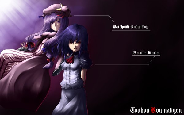 Anime picture 1680x1050 with touhou remilia scarlet patchouli knowledge long hair highres short hair red eyes wide image purple eyes blue hair purple hair vampire girl ribbon (ribbons) hair ribbon hat hiroya