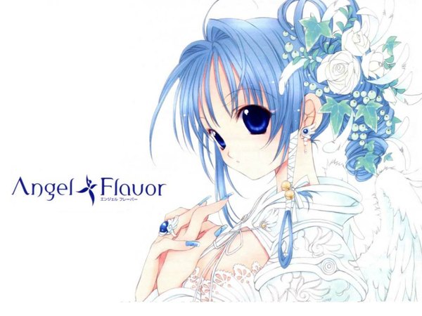 Anime picture 1024x768 with original nanase aoi single looking at viewer fringe blue eyes white background blue hair cleavage ahoge upper body nail polish looking back hair flower wide sleeves angel wings girl dress hair ornament flower (flowers)
