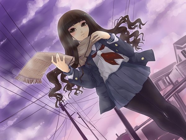 Anime picture 1352x1019 with sayonara zetsubou sensei shaft (studio) itoshiki rin kazu single long hair brown hair brown eyes sky cloud (clouds) girl skirt uniform school uniform miniskirt pantyhose serafuku scarf wire (wires)