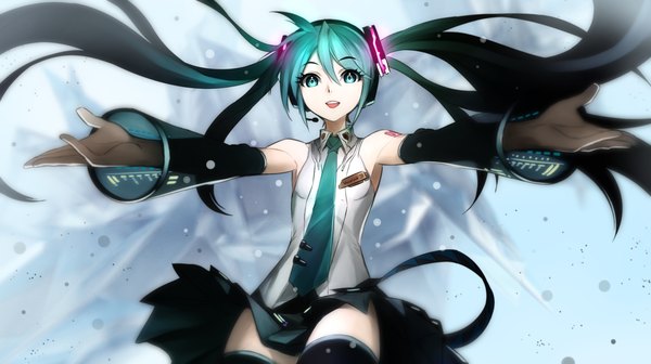 Anime picture 1927x1080 with vocaloid hatsune miku kriss sison single looking at viewer highres open mouth wide image twintails very long hair aqua eyes aqua hair tattoo zettai ryouiki spread arms girl thighhighs skirt detached sleeves miniskirt