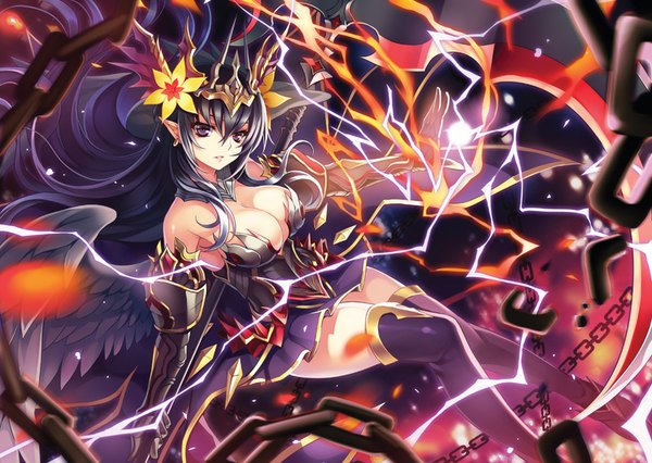 Anime picture 800x569 with puzzle & dragons persephone (p&d) riv single fringe breasts light erotic black hair large breasts purple eyes bare shoulders holding cleavage bent knee (knees) very long hair parted lips pleated skirt hair flower wind pointy ears