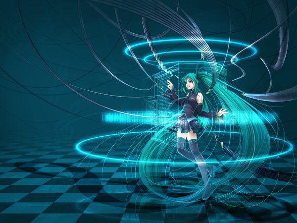Anime picture 1600x1200 with vocaloid hatsune miku tomokatsu (artist) single long hair highres twintails green eyes green hair checkered science fiction girl thighhighs skirt miniskirt wire (wires)