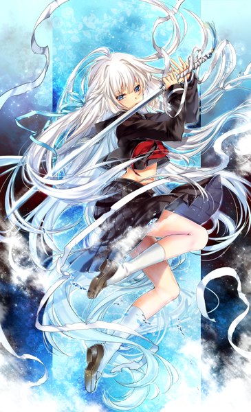 Anime picture 1800x2952 with original kingchenxi single tall image looking at viewer highres blue eyes white hair very long hair girl skirt uniform weapon sword socks serafuku katana white socks bandage (bandages)