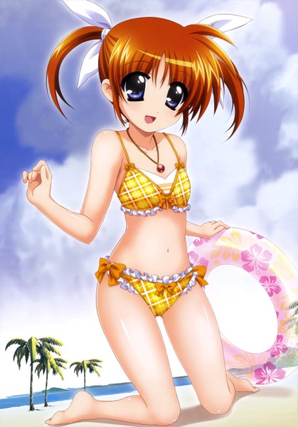 Anime picture 4099x5871 with mahou shoujo lyrical nanoha nyantype takamachi nanoha single tall image looking at viewer highres short hair blue eyes light erotic twintails absurdres sky cloud (clouds) orange hair official art beach short twintails girl navel