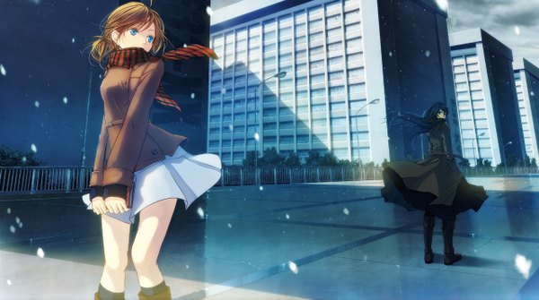 Anime picture 1280x716 with original katou taira blue eyes black hair brown hair wide image multiple girls looking back hands in pockets girl 2 girls scarf building (buildings) coat
