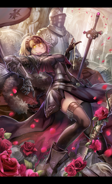 Anime picture 1000x1633 with fate (series) fate/grand order fate/apocrypha jeanne d'arc (fate) (all) jeanne d'arc alter (fate) torino aqua tall image looking at viewer short hair light erotic blonde hair yellow eyes ahoge bent knee (knees) indoors girl thighhighs dress flower (flowers) weapon