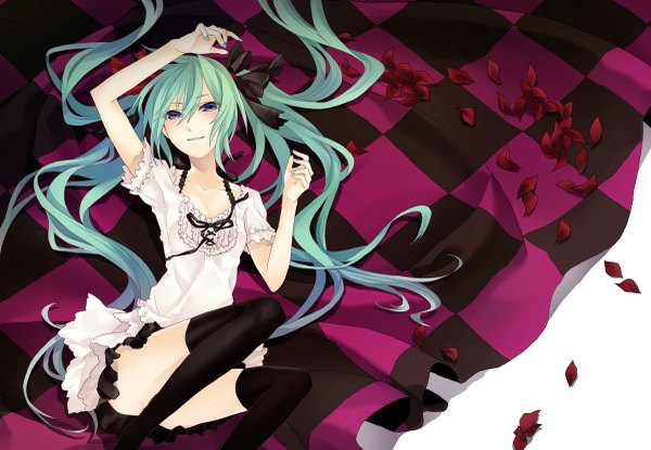 Anime picture 1200x831 with vocaloid world is mine (vocaloid) hatsune miku kyo zip single long hair blue eyes smile twintails lying nail polish aqua hair checkered girl thighhighs black thighhighs petals sundress
