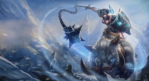 Anime picture 1973x1080 with league of legends sejuani (league of legends) single highres blue eyes blonde hair wide image horn (horns) wind teeth fang (fangs) snowing winter snow mountain girl animal chain shield mace