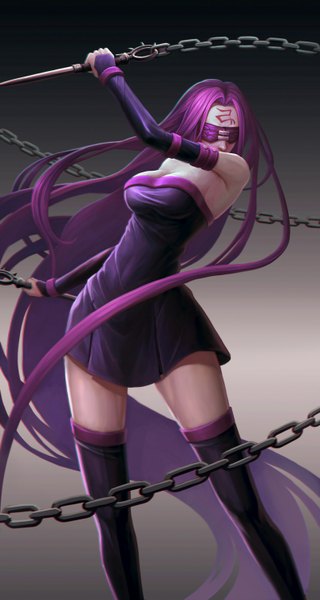 Anime picture 802x1504 with fate (series) fate/stay night studio deen type-moon rider yinanhuanle single tall image simple background bare shoulders holding purple hair very long hair dual wielding face paint blindfold girl thighhighs dress weapon