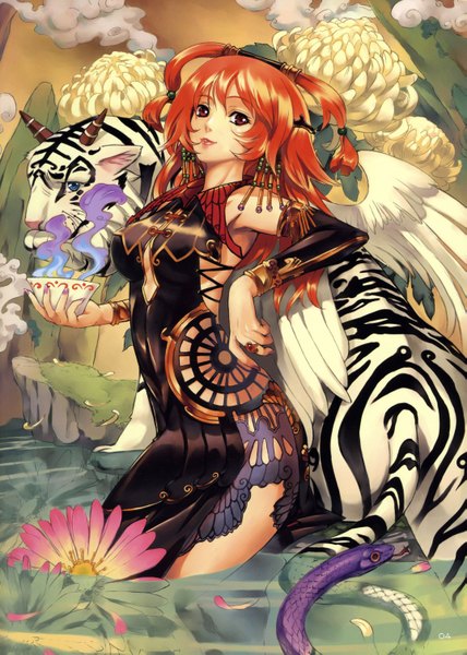 Anime picture 2149x3014 with original eiwa single tall image highres blue eyes red eyes cloud (clouds) horn (horns) orange hair mountain fantasy girl flower (flowers) detached sleeves earrings animal petals wings water