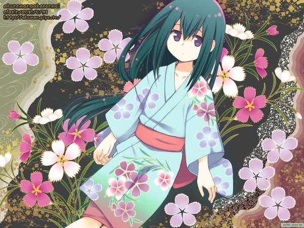 Anime picture 1200x900 with katanagatari white fox yasuri nanami single long hair looking at viewer fringe purple eyes traditional clothes japanese clothes hair flower green hair wide sleeves floral print girl flower (flowers) obi yukata clothes