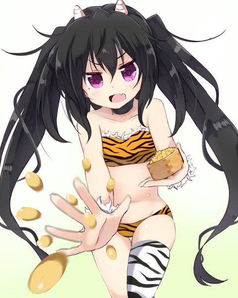 Anime picture 2048x2560 with original note-chan amano kouki single long hair tall image looking at viewer blush highres open mouth light erotic black hair simple background hair between eyes white background twintails purple eyes horn (horns) outstretched arm girl