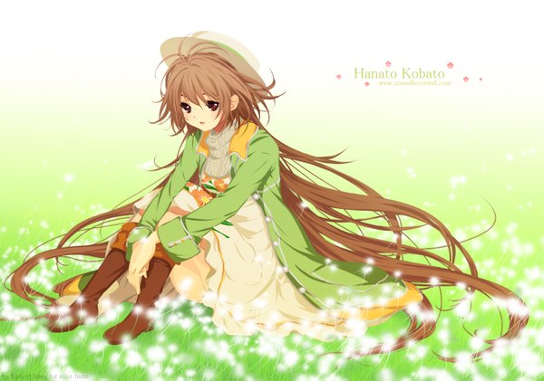 Anime picture 1348x947 with kobato hanato kobato kaze-hime single long hair brown hair brown eyes very long hair leg hug girl dress flower (flowers) hat boots straw hat dandelion