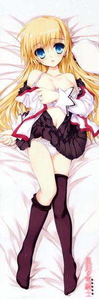 Anime picture 2346x7040 with seikoku no dragonar silvia lautreamont shimesaba kohada long hair tall image blush highres open mouth blue eyes light erotic blonde hair scan dakimakura (medium) girl thighhighs underwear panties black thighhighs