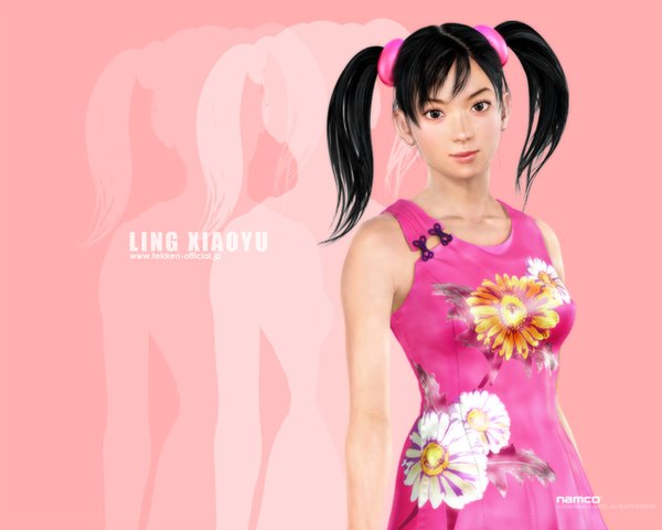 Anime picture 1280x1024 with tekken namco (studio) ling xiaoyu single looking at viewer black hair twintails bare shoulders black eyes realistic sleeveless character names floral print short twintails silhouette 2004 girl dress pink dress