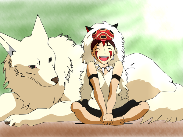 Anime picture 4000x3000 with mononoke hime studio ghibli san moro no ichizoku sui-to highres short hair open mouth brown hair sitting absurdres eyes closed facial mark happy mask on head face paint indian style laughing girl skirt