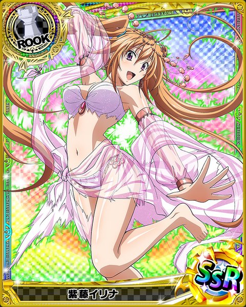 Anime picture 640x800 with highschool dxd shidou irina single tall image blush open mouth light erotic brown hair purple eyes twintails very long hair traditional clothes pantyshot torn clothes card (medium) girl navel hair ornament underwear panties