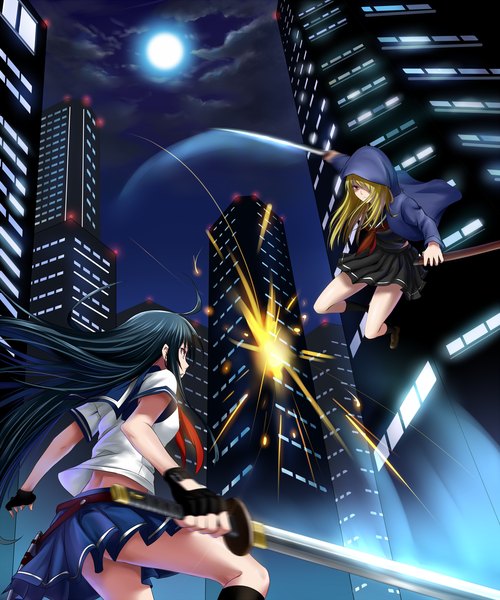 Anime picture 1700x2040 with original windtalker tall image highres black hair blonde hair red eyes multiple girls blurry night city battle girl gloves weapon 2 girls sword serafuku fingerless gloves katana