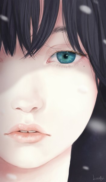 Anime picture 629x1074 with original kirisaki (artist) single tall image looking at viewer short hair open mouth black hair green eyes signed parted lips lips realistic mole teeth mole under eye close-up shaded face face girl