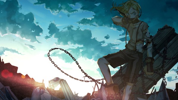 Anime picture 1920x1080 with original vocaloid no.734 single highres short hair blue eyes blonde hair wide image standing holding looking away sky cloud (clouds) torn clothes gloves shorts blood chain robot